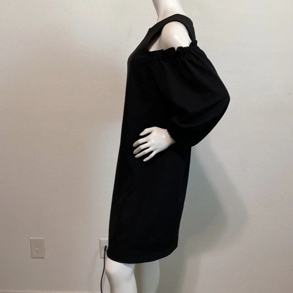 Tibi Black Crew Neck Cold Shoulder Long Sleeve Shift Mini Dress Size 12 - Picture 4 of 7